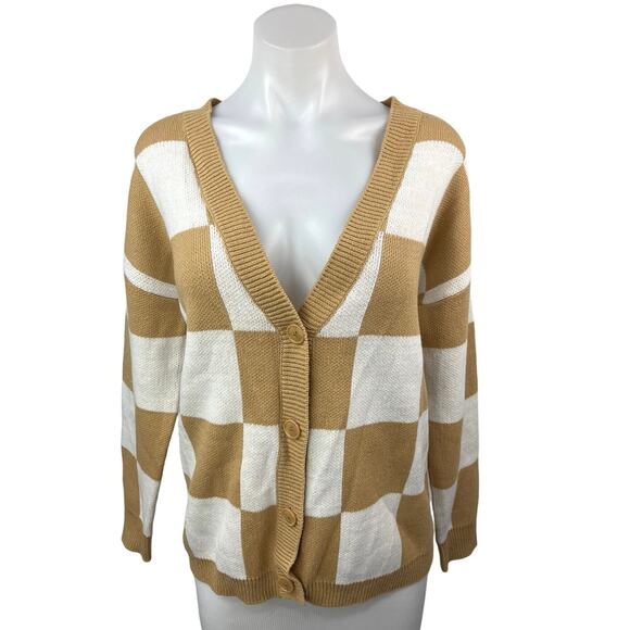 NEW Glassons Tan White Knit Neutral Check V Neck Cardigan Sweater Top Size XS - Picture 1 of 4